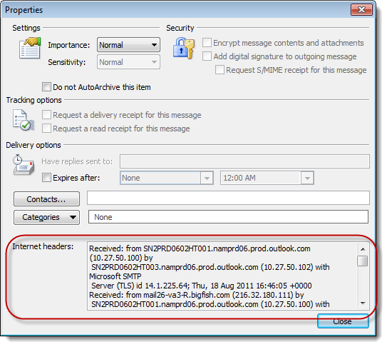 Outlook 2010 Email Properies Internet Headers